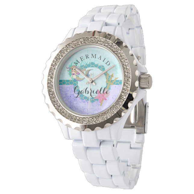 Teal & Purple Watercolor Monogram Mermaid Watch (Angled)
