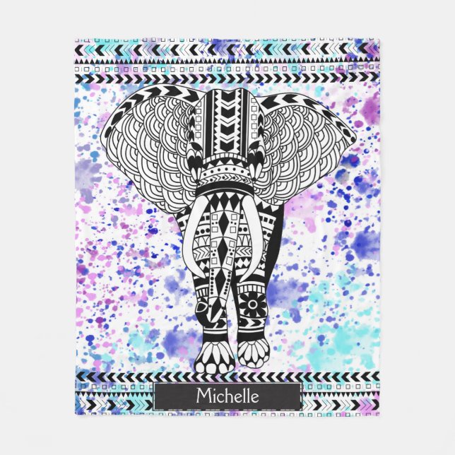 Teal & Purple Watercolor Tribal Patterned Elephant Fleece Blanket (Front)