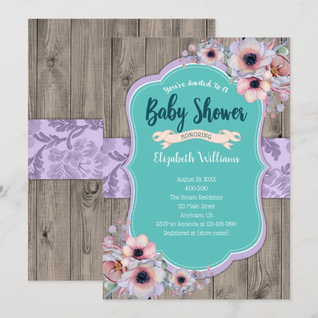 Teal Purple Wood Watercolor Flowers Baby Shower Invitation (Front/Back)