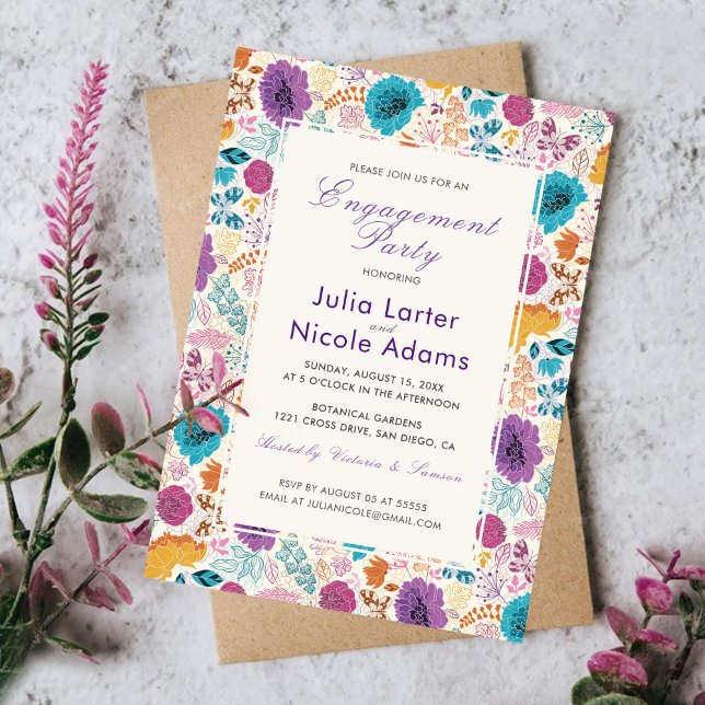Teal Purple Yellow Spring Meadow Engagement Party Invitation (Creator Uploaded)