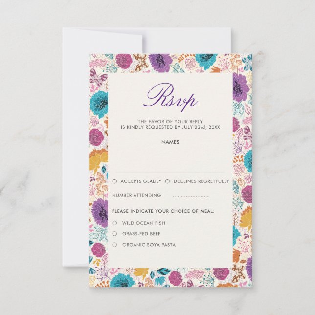 Teal Purple Yellow Spring Meadow Flowers RSVP Card (Front)