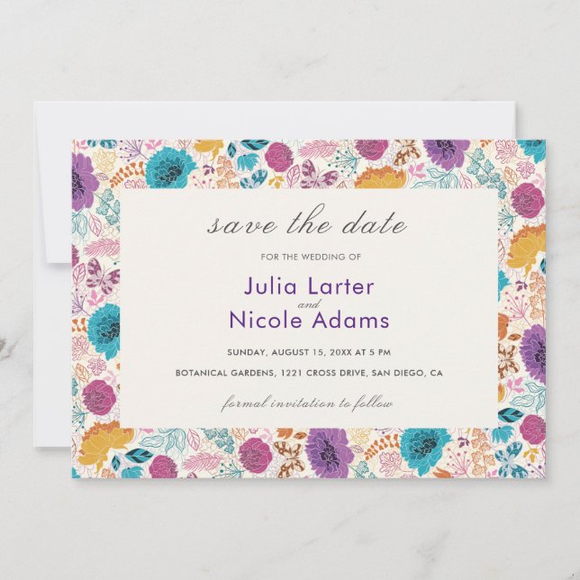 Teal Purple Yellow Spring Meadow Flowers Save The Date (Front)
