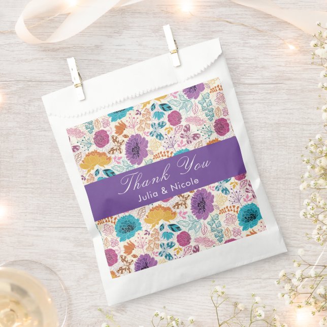 Teal Purple Yellow Spring Meadow Flowers Wedding Favour Bags (Clipped)