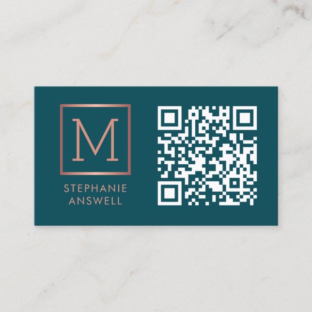 Teal QR Code Logo Monogram Rose Gold Business Card (Front)