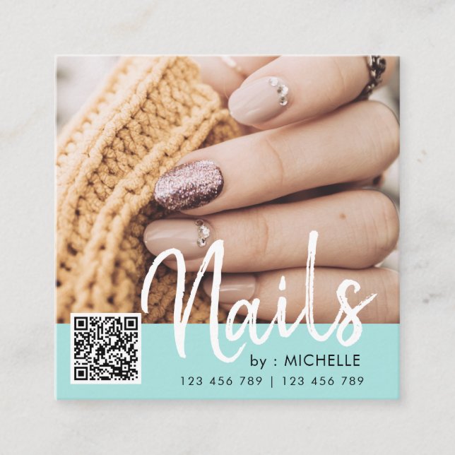 Teal QR code nails photo business cards (Front)