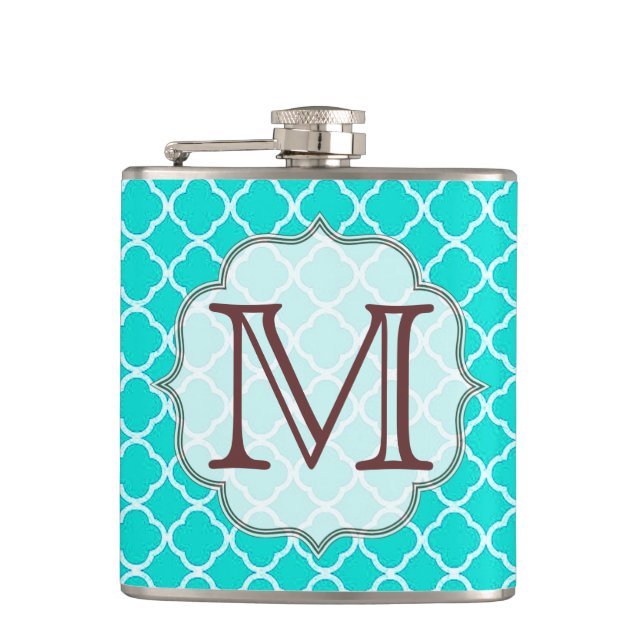 Teal Quarterfoil Monogram Initial Whiskey Flask (Front)