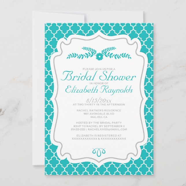 Teal Quatrefoil Bridal Shower Invitations (Front)