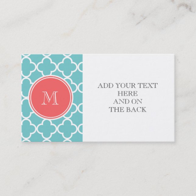 Teal Quatrefoil Pattern, Coral Monogram Business Card (Front)