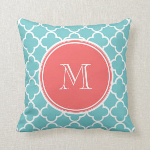 Teal Quatrefoil Pattern, Coral Monogram Cushion