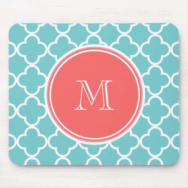 Teal Quatrefoil Pattern, Coral Monogram Mouse Pad (Front)