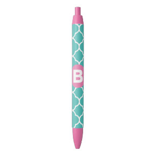 Teal Quatrefoil Pattern Custom Pink Monogram Black Ink Pen