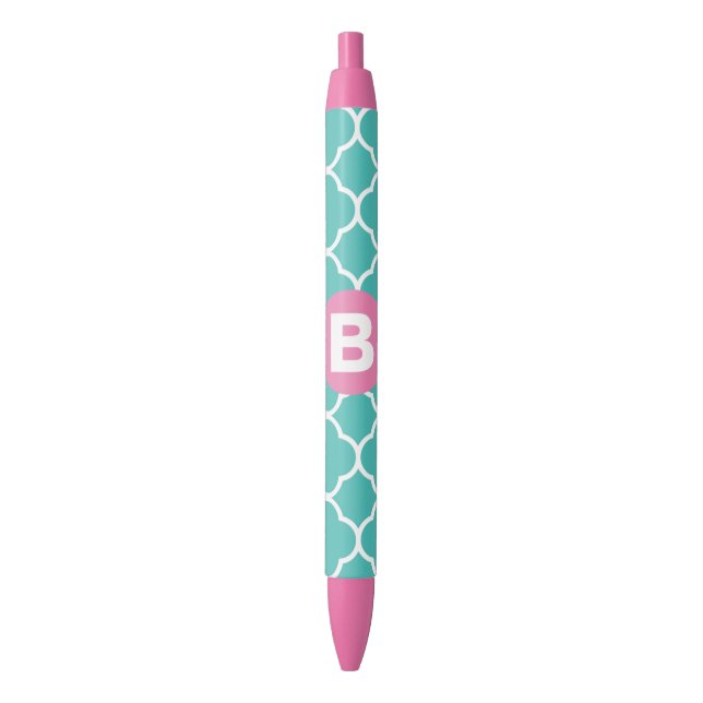 Teal Quatrefoil Pattern Custom Pink Monogram Black Ink Pen (Front Vertical)
