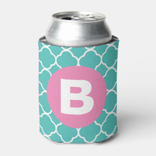 Teal Quatrefoil Pattern Custom Pink Monogram Can Cooler