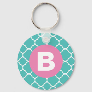 Teal Quatrefoil Pattern Custom Pink Monogram Key Ring