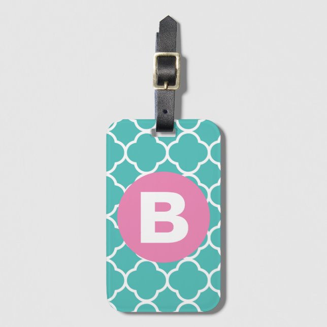 Teal Quatrefoil Pattern Custom Pink Monogram Luggage Tag (Front Vertical)