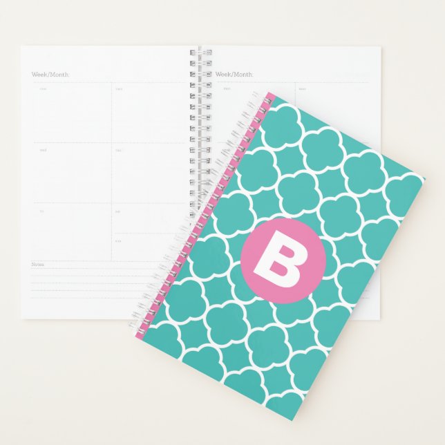 Teal Quatrefoil Pattern Custom Pink Monogram Planner (Display)