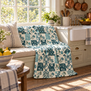 Teal Quilt Patchwork Gingham Cottagecore Floral  Fleece Blanket