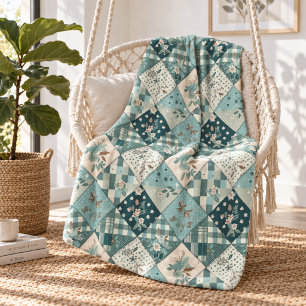 Teal Quilt Patchwork Gingham Cottagecore Floral  Fleece Blanket