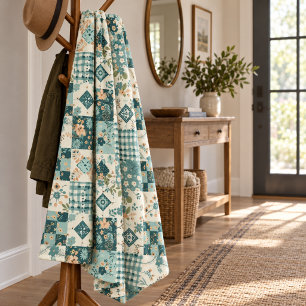 Teal Quilt Patchwork Gingham Cottagecore Floral  Fleece Blanket