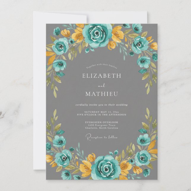Teal Radiant Floral Wedding Invitation (Front)