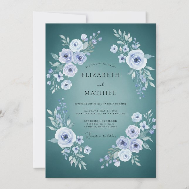 Teal Ranunculus Foliage Eucalyptus Wedding Invitation (Front)