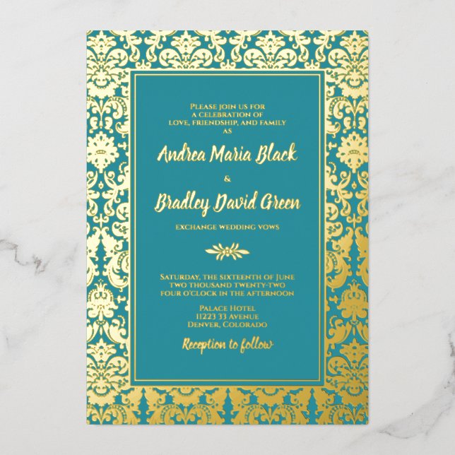 Teal Real Gold Foil Damask Wedding (Front)