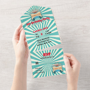 Teal Red Circus Tent Birthday Party  All In One Invitation