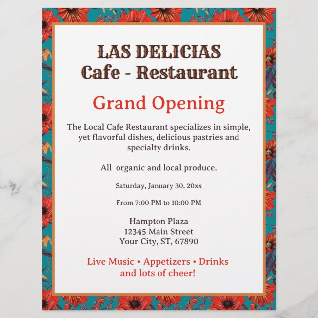 Teal Red Floral Pattern Restaurant Grand Opening Flyer (Front)