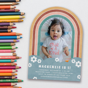 Teal Red Floral Rainbow Kid's Birthday Invitation