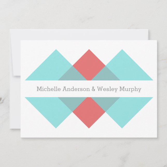 Teal Red Geometric Triad Wedding Invite (Front)