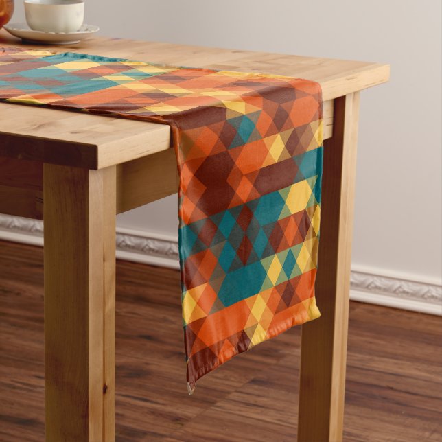 Teal, red, orange and yellow geometric short table runner (In Situ)