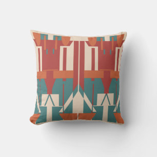 Teal Red Orange Beige Mediterranean Large Mosaics Cushion