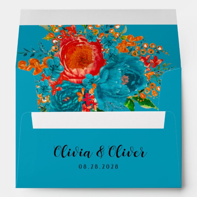 Teal Red Orange Botanical Floral Wedding Envelope (Back (Bottom))