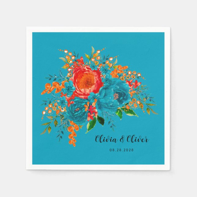 Teal Red Orange Botanical Floral Wedding Napkin (Front)