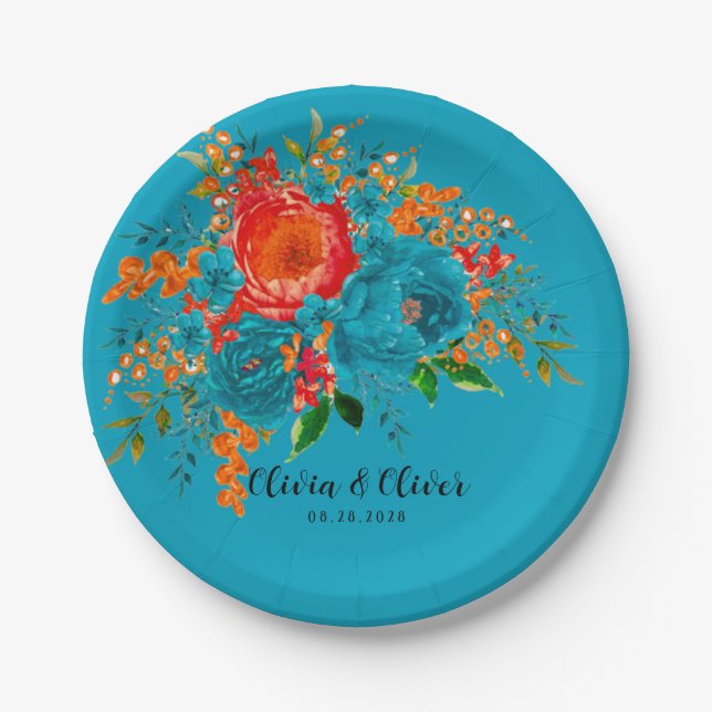 Teal Red Orange Botanical Floral Wedding Paper Plate (Front)