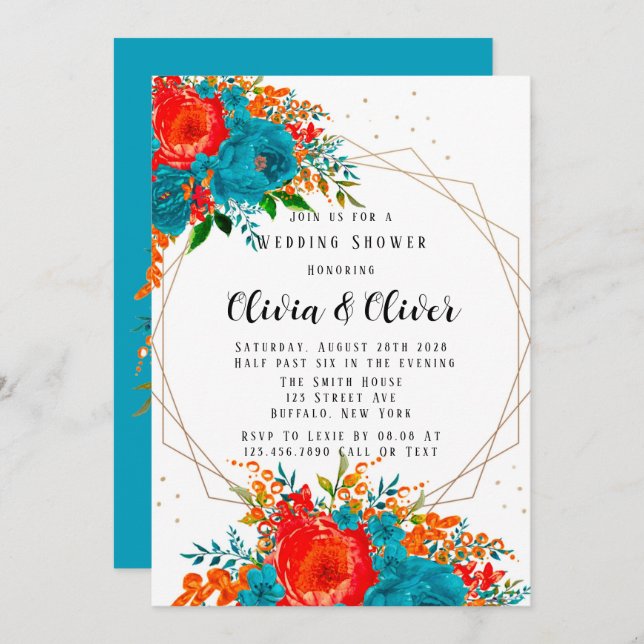 Teal Red Orange Botanical Floral Wedding Shower  Invitation (Front/Back)