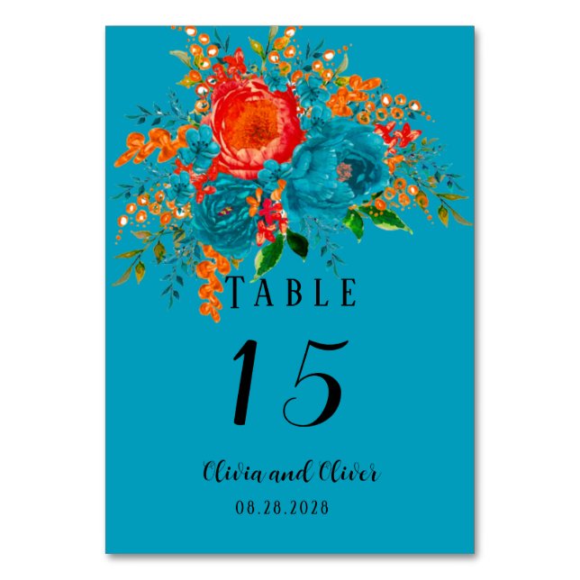 Teal Red Orange Botanical Floral Wedding  Table Number (Front)