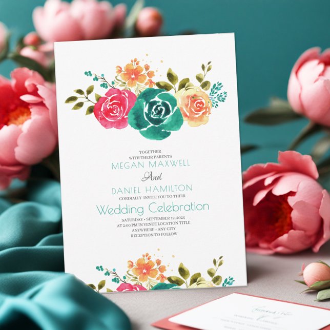Teal Red Orange Roses Boho Floral Wedding Invitation (Creator Uploaded)
