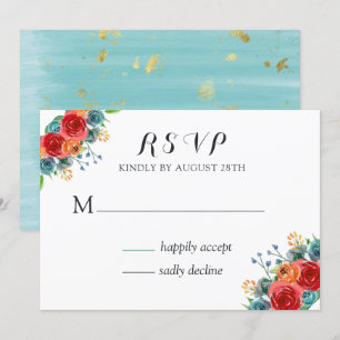 Teal Red Orange Watercolor Roses Wedding RSVP Invitation