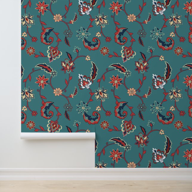 Teal & Red Persian Floral Pattern Wallpaper (Application)