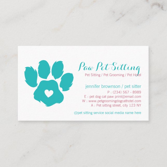 Teal Red Pet Sitter Social Media Dog Cat Paw Business Card (Front)