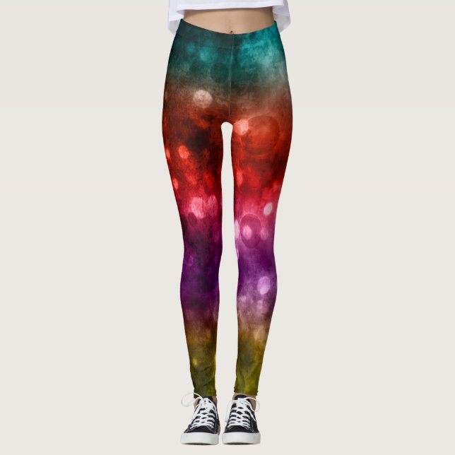 Teal, Red, Purple & Chartreuse Abstract Bokeh Leggings (Front)