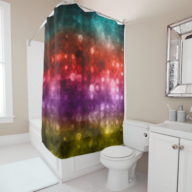 Teal, Red, Purple & Chartreuse Bokeh Design Shower Curtain (In Situ)