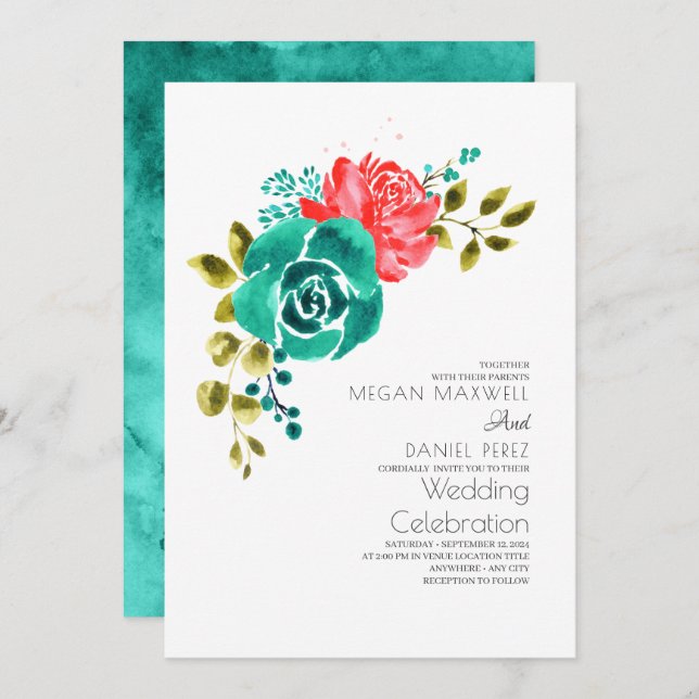 Teal Red Roses Boho Floral Wedding Invitation (Front/Back)