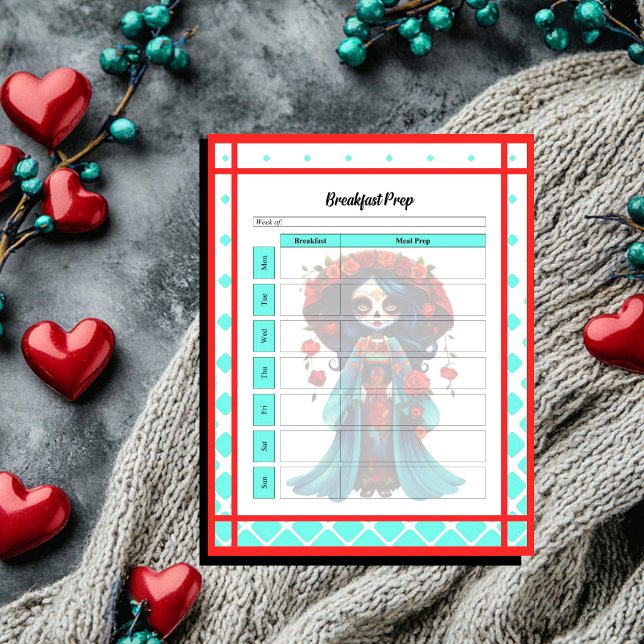Teal Red Roses Sugar Skull Breakfast Prep Notepad (Creator Uploaded)