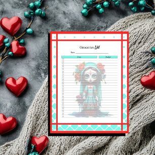 Teal Red Roses Sugar Skull Grocery List Budget Notepad