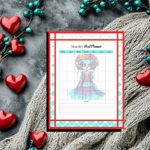 Teal Red Roses Sugar Skull Meal Monthly Planner Notepad