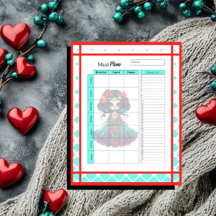 Teal Red Roses Sugar Skull Meal Plans Notepad