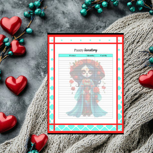 Teal Red Roses Sugar Skull Pantry Inventory Notepad