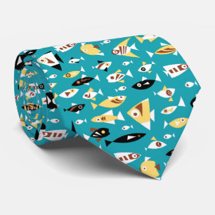Teal Red Yellow Black White Retro Fish Pattern Tie